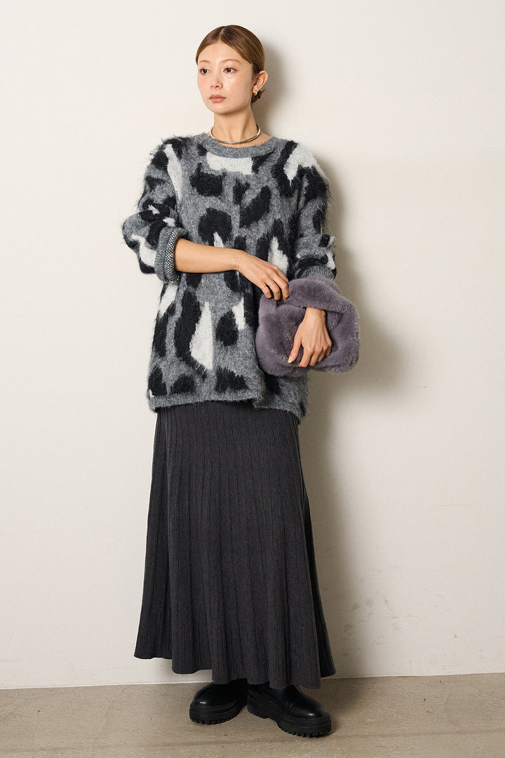 [SET]ルーズアニマルモヘアニットトップス+編み地切り替えフレアニットスカート(2set)