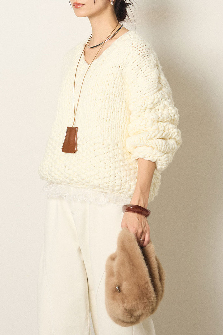 [SET]Vネックハンド編みニットトップス+レース切り替えキャミソール(2set)