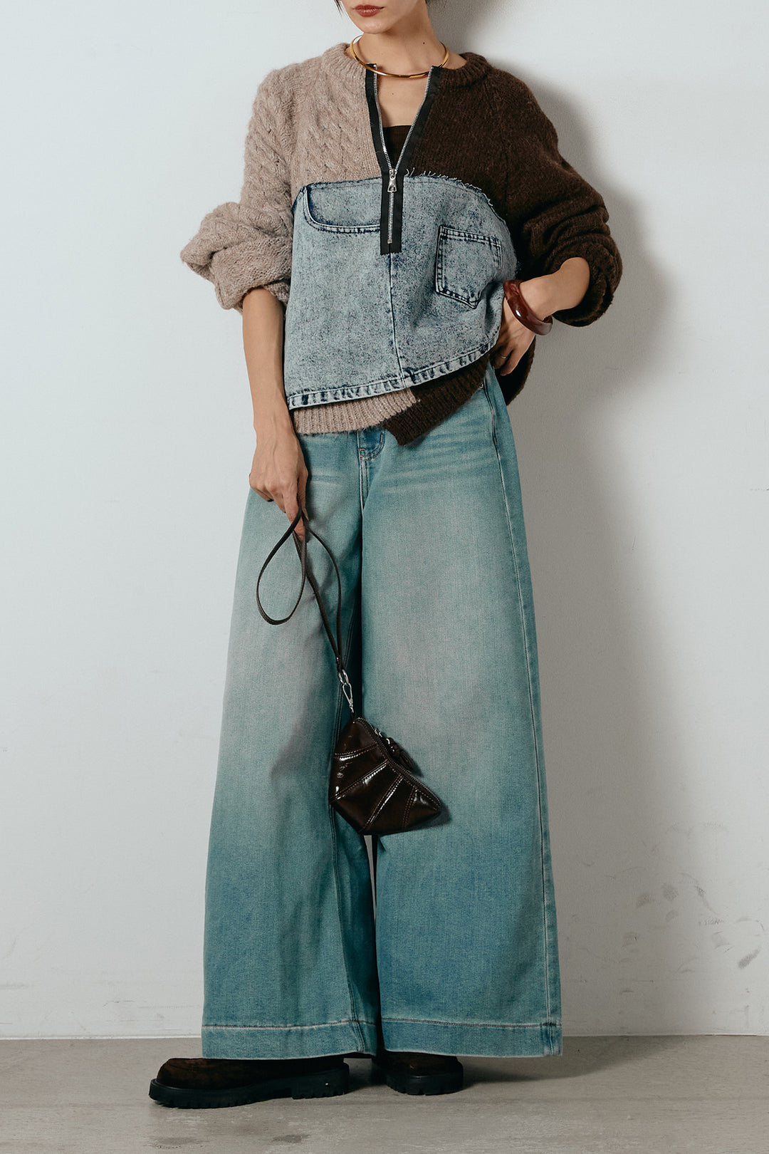 [SET]ハーフジップニットデニムドッキングトップス+ウエストダブルボタンワイドデニムパンツ(2set)