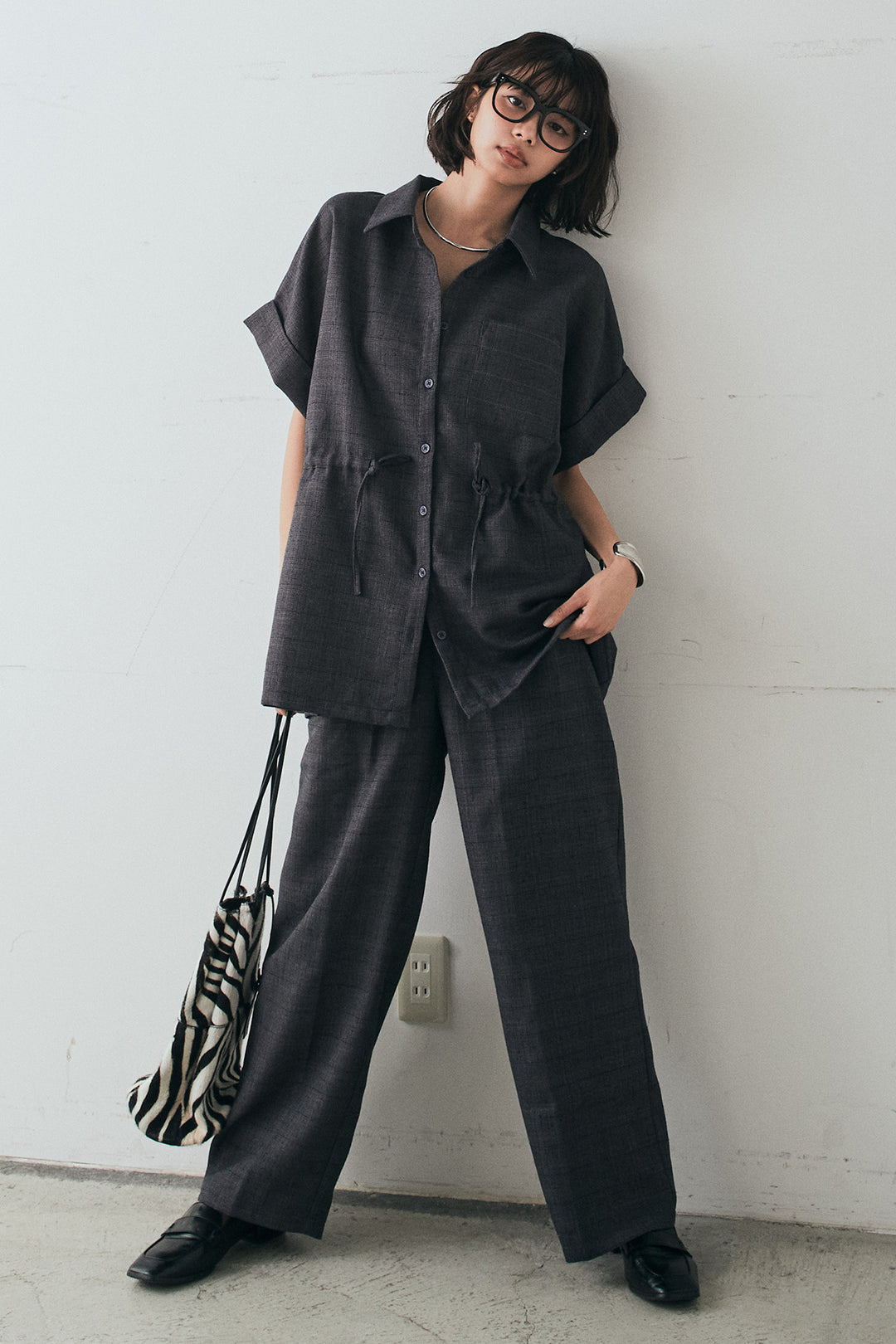 [SET]ツイードウエストドロストシャツ+ツイードタックパンツ(2set)