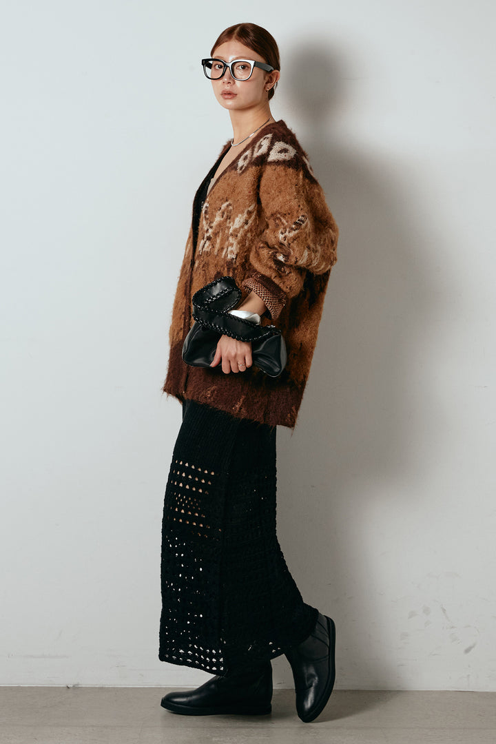 [SET]シャギーニュアンス柄ニットカーディガン+裾透かし編みキャミソールニットワンピース(2set)