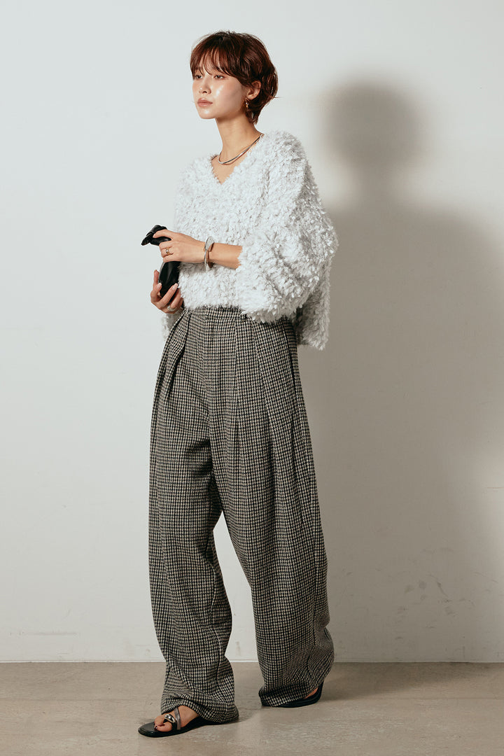 [SET]深Vネックチョウチョヤーンニットトップス+ガンクラブチェックタックパンツ(2set)