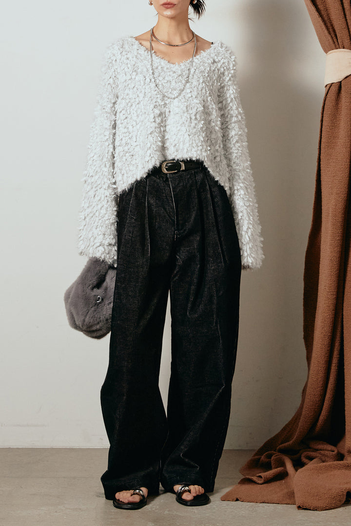 [SET]深Vネックチョウチョヤーンニットトップス+フロントタック入りコーデュロイパンツ(2set)