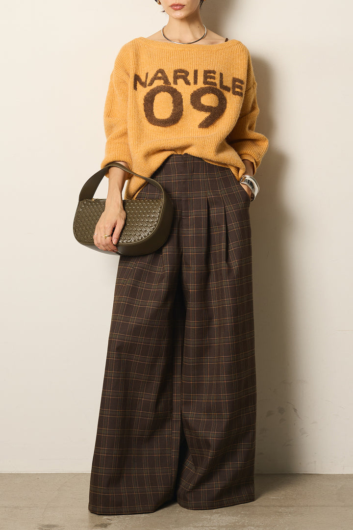 [SET]フロントロゴニットトップス+タータンチェック柄くすみワイドパンツ(2set)