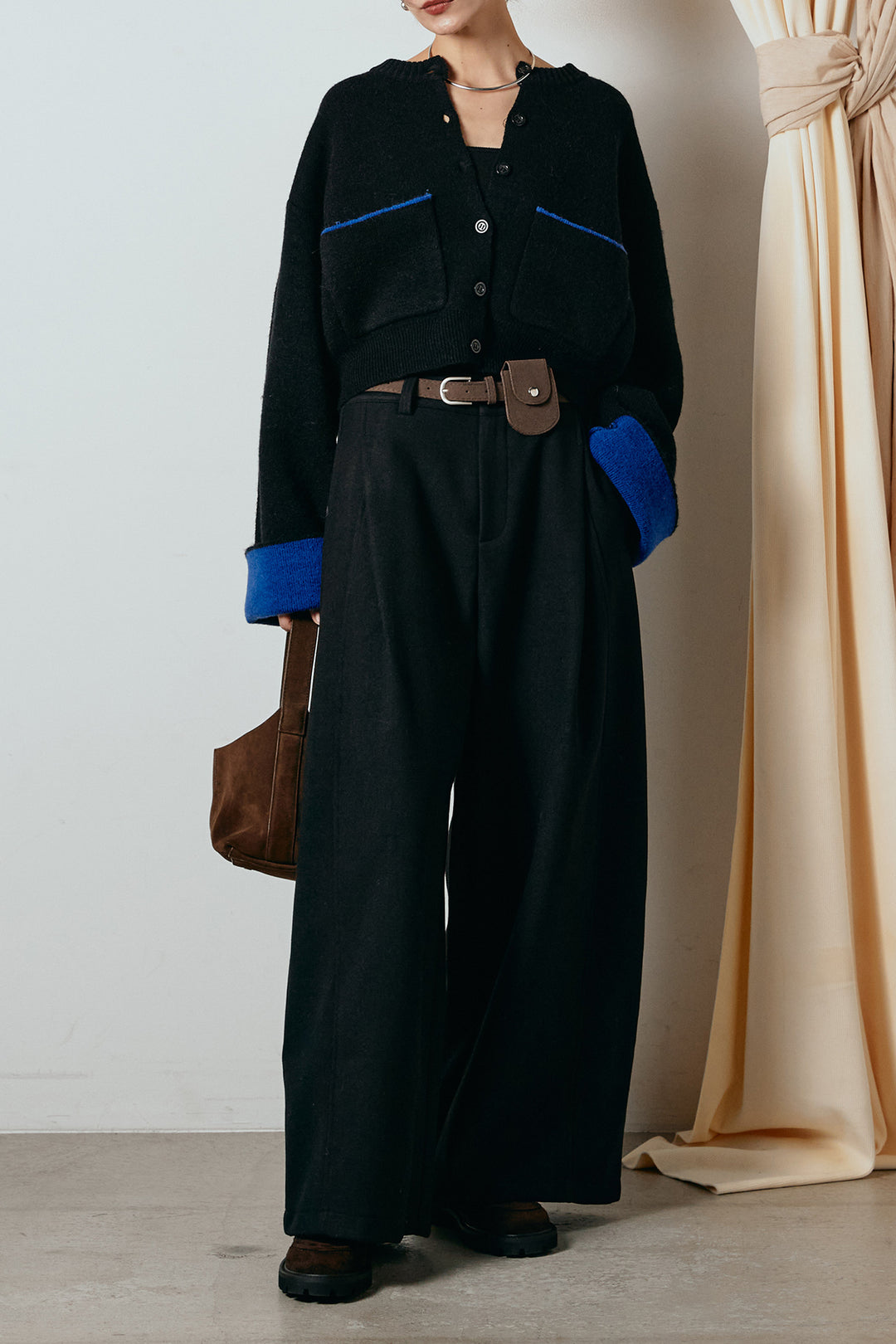 [SET]アルパカタッチダブルフェイスカーディガン+ポーチベルト付きカーブパンツ(2set)