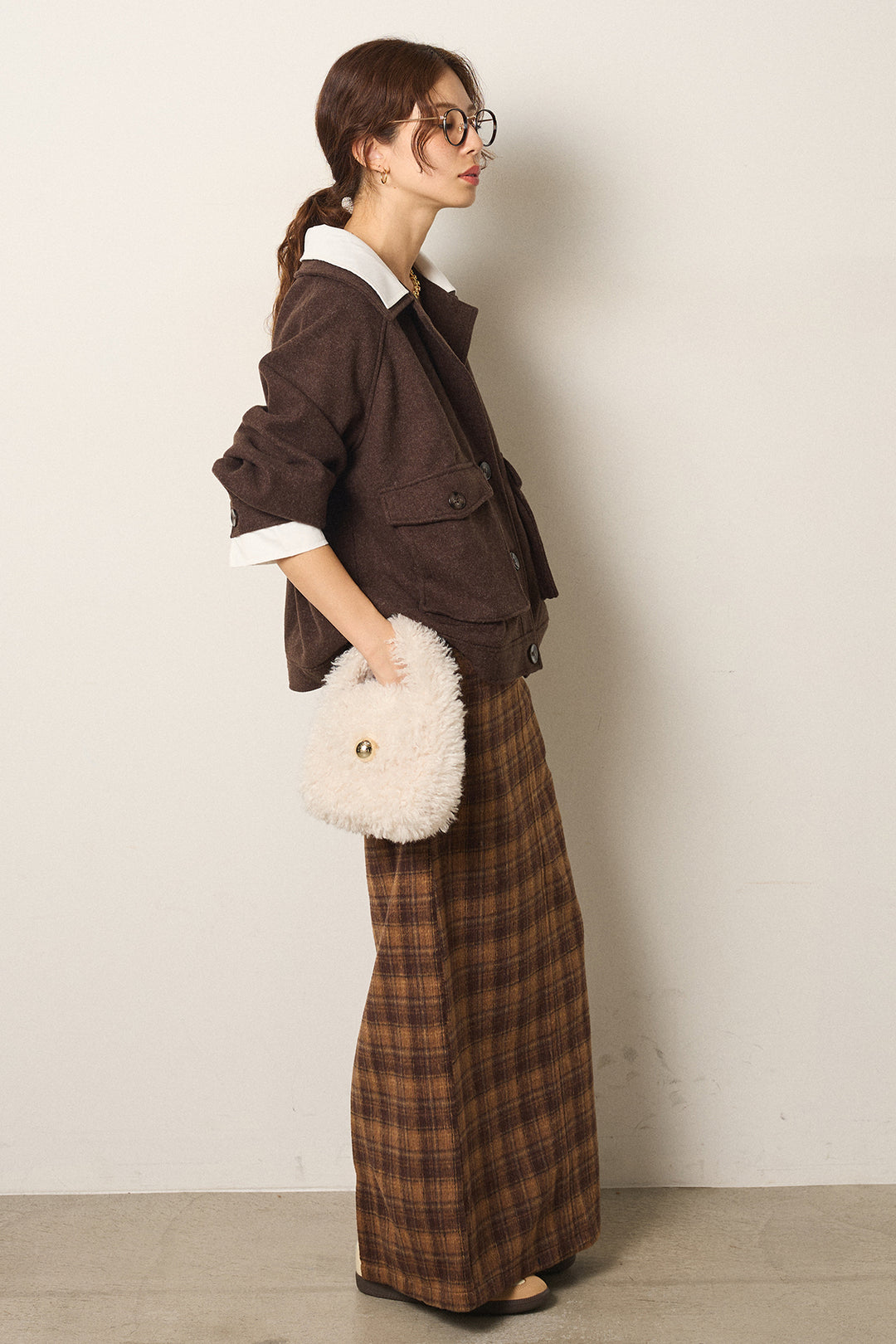 [SET]衿レイヤードフェイクウールジャケット+シャギーチェックストレートスカート(2set)