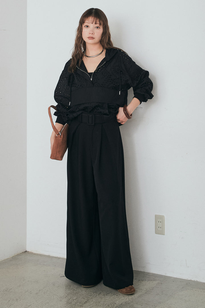 [SET]レースハーフジップアップフーディー+ベルト付きツータックワイドパンツ(2set)