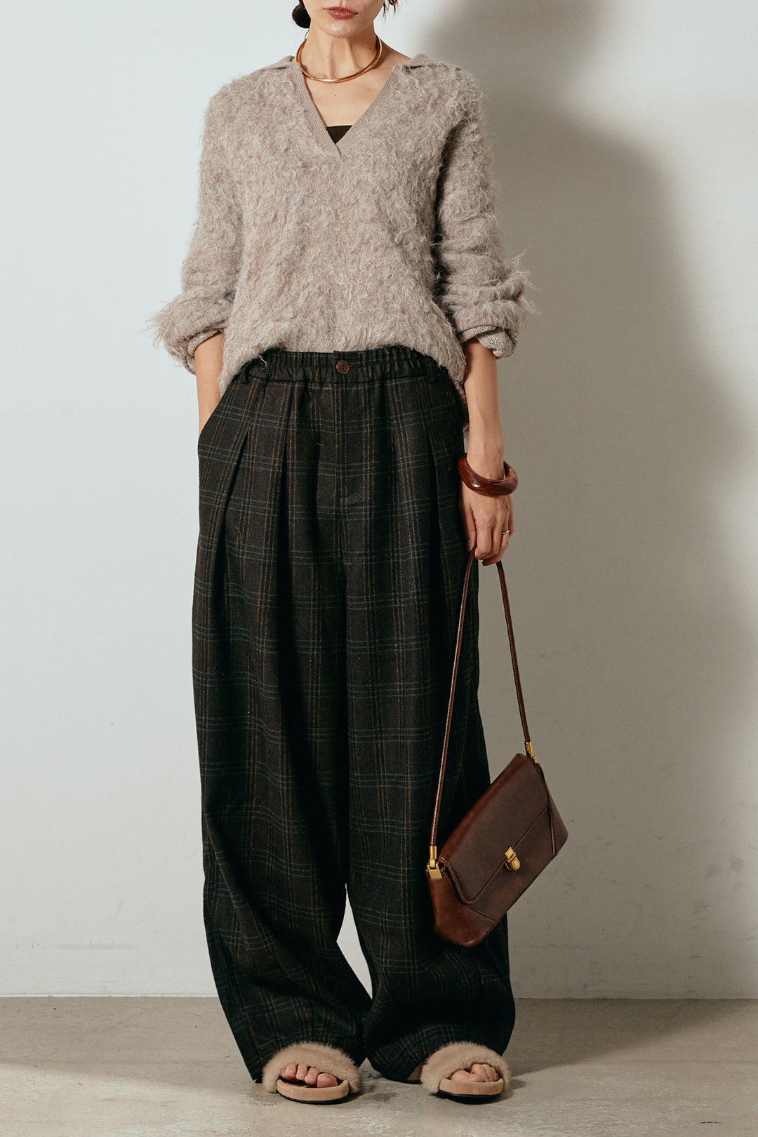 [SET]襟付きシャギーニットポロトップス+タータンチェック柄タックパンツ(2set)