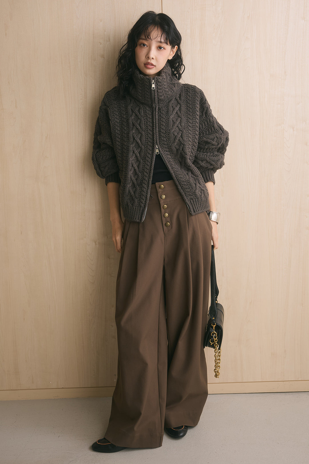 [SET]立体ケーブルダブルジップニット+ファイブボタンツータックワイドパンツ(2set)