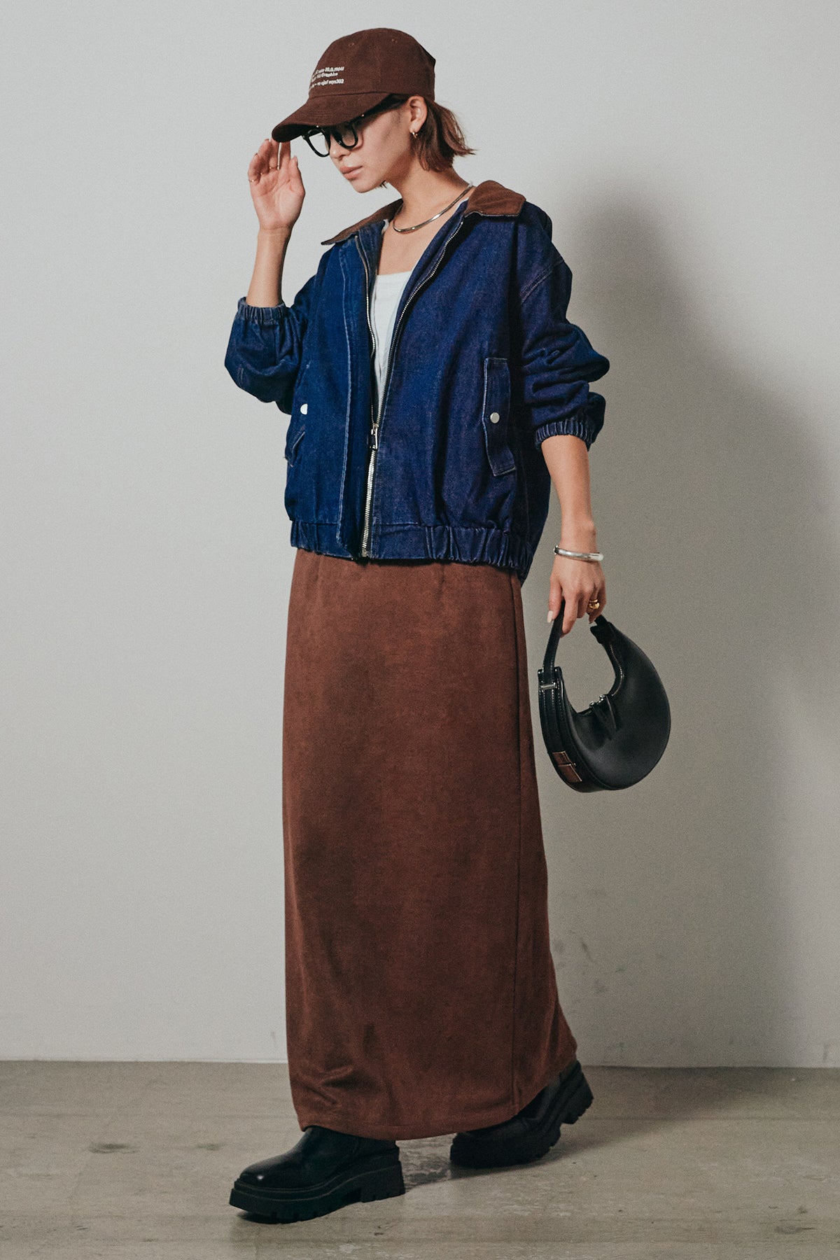 SET]コーデュロイ襟デニムブルゾン+フェイクスウェードタイト