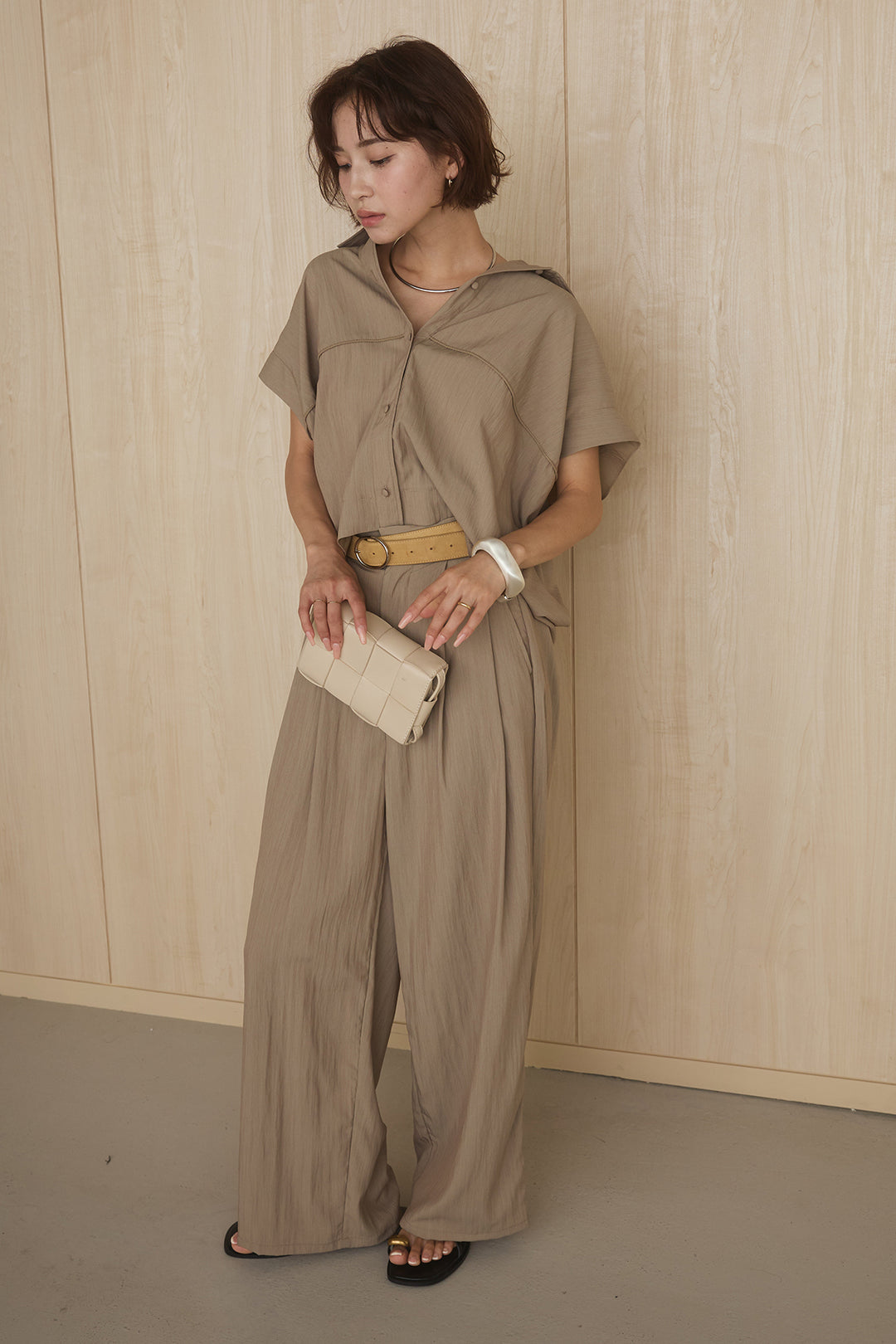 [SET]リネンライクランタンノースリシャツ+リネンライク2タックワイドパンツ(2set)