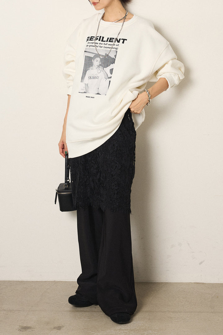 [SET]モノトーンプリントスウェット+レース刺繍レイヤードフレアパンツ(2set)