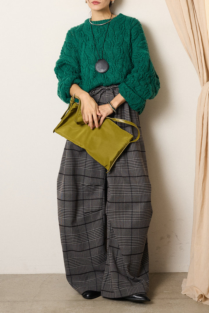 [SET]ケーブルリラックスショートニット+グレンチェックルーズタックパンツ(2set)