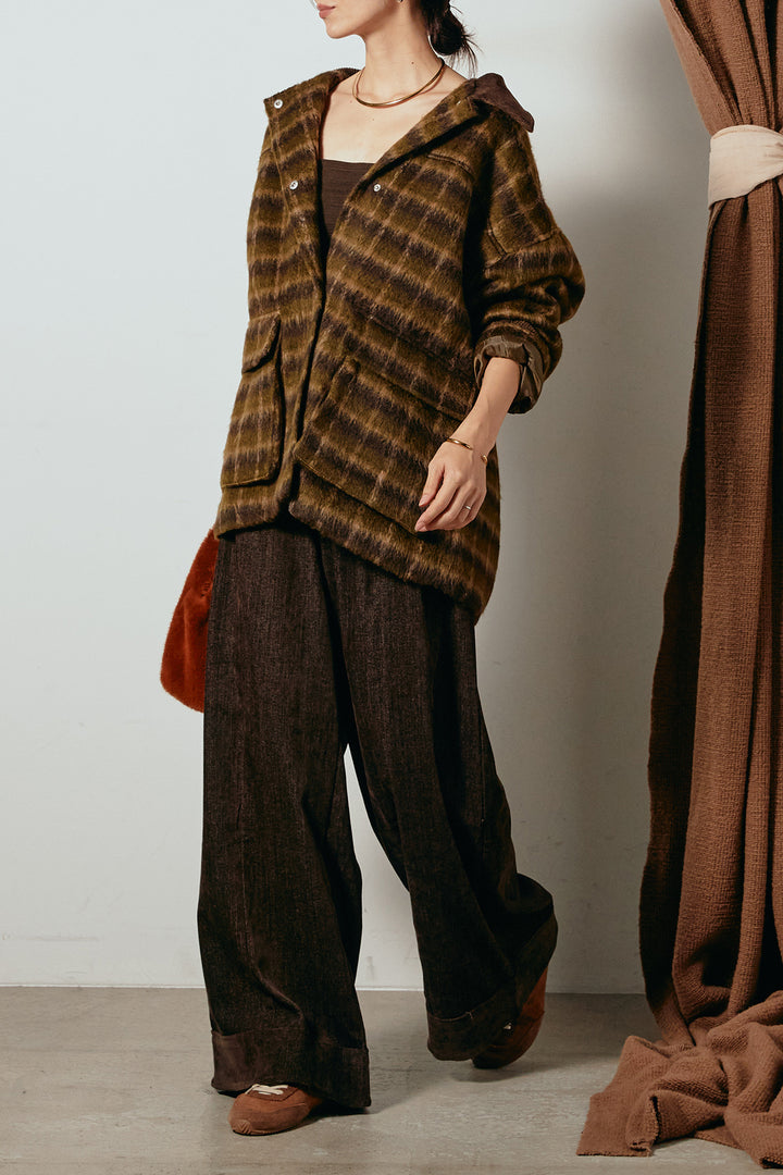 [SET]チェックシャギーミドルカバーオール+フェイクレザーベルト付きスウェードライクワイドパンツ(2set)