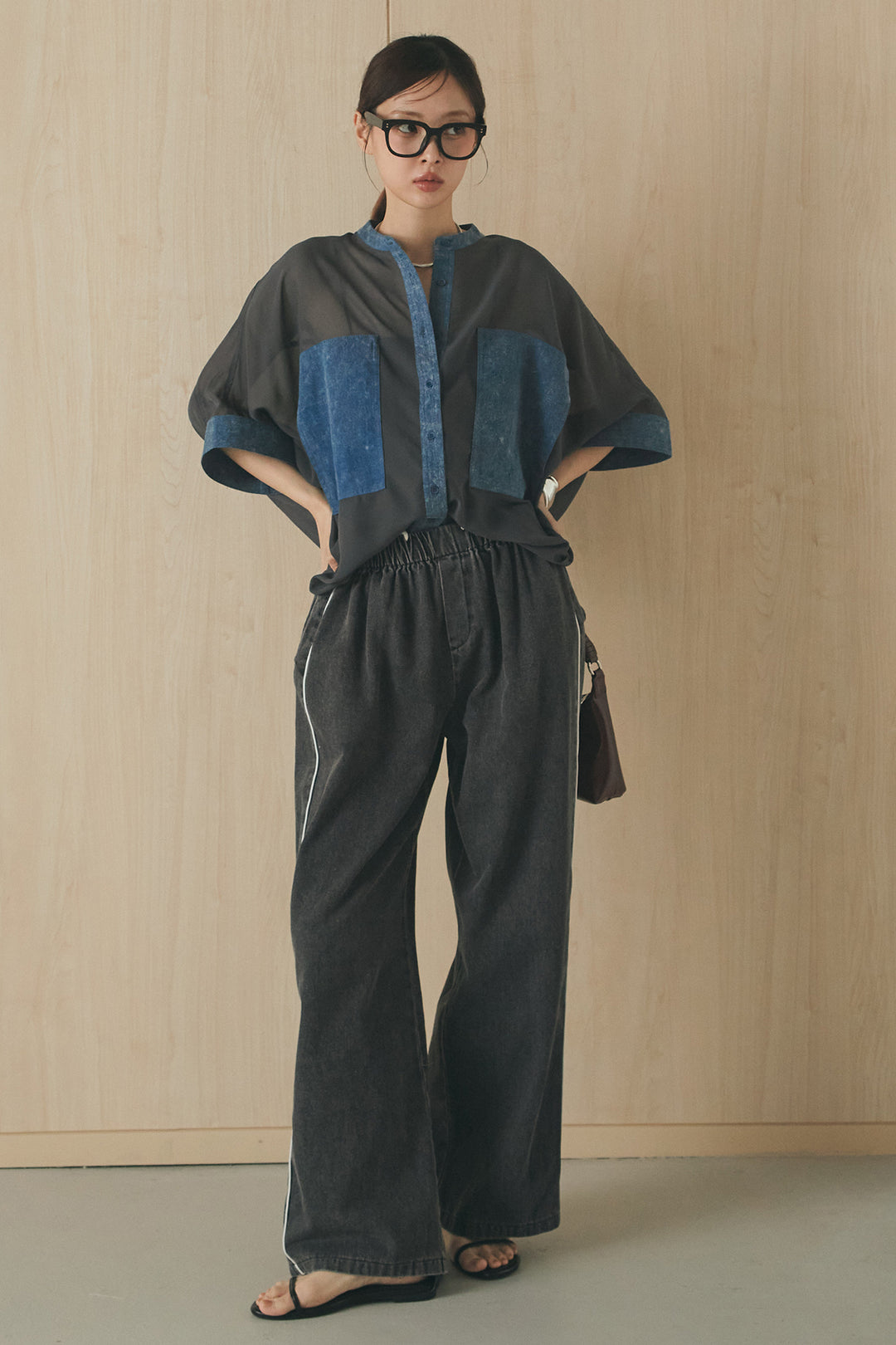 [SET]デニムライクビッグツーポケシアーシャツ+ドロストサイドラインデニムパンツ(2set)
