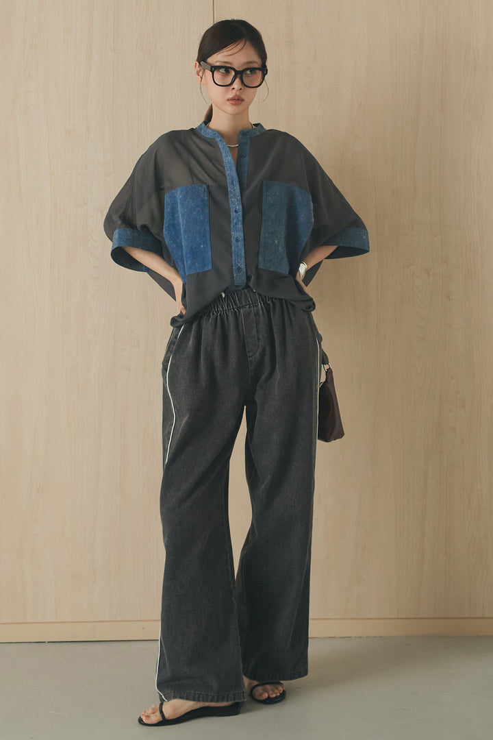 [SET]デニムライクビッグツーポケシアーシャツ+ドロストサイドラインデニムパンツ(2set)