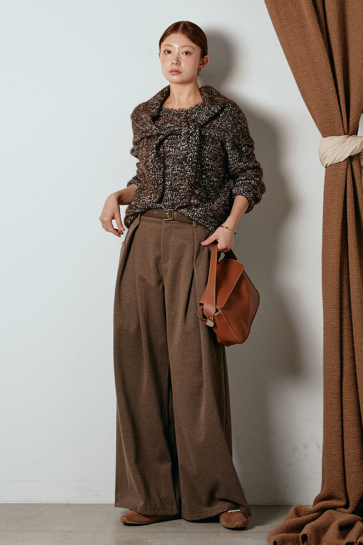 [SET]スカーフ付きミックスニットトップス+細ベルト付き起毛タックワイドパンツ(2set)