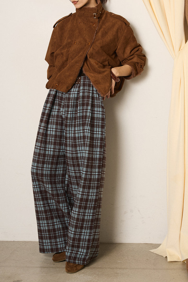 [SET]スタンド襟スウェードライクアウター+スタッズデザインベルトタータンチェックパンツ(2set)