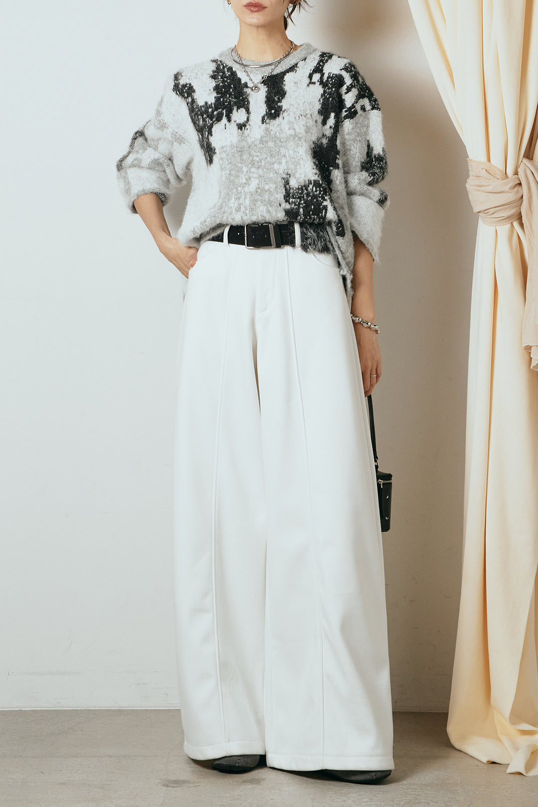 [SET]起毛ニュアンス柄ニットプルオーバー+ファーベルト付きワイドパンツ(2set)