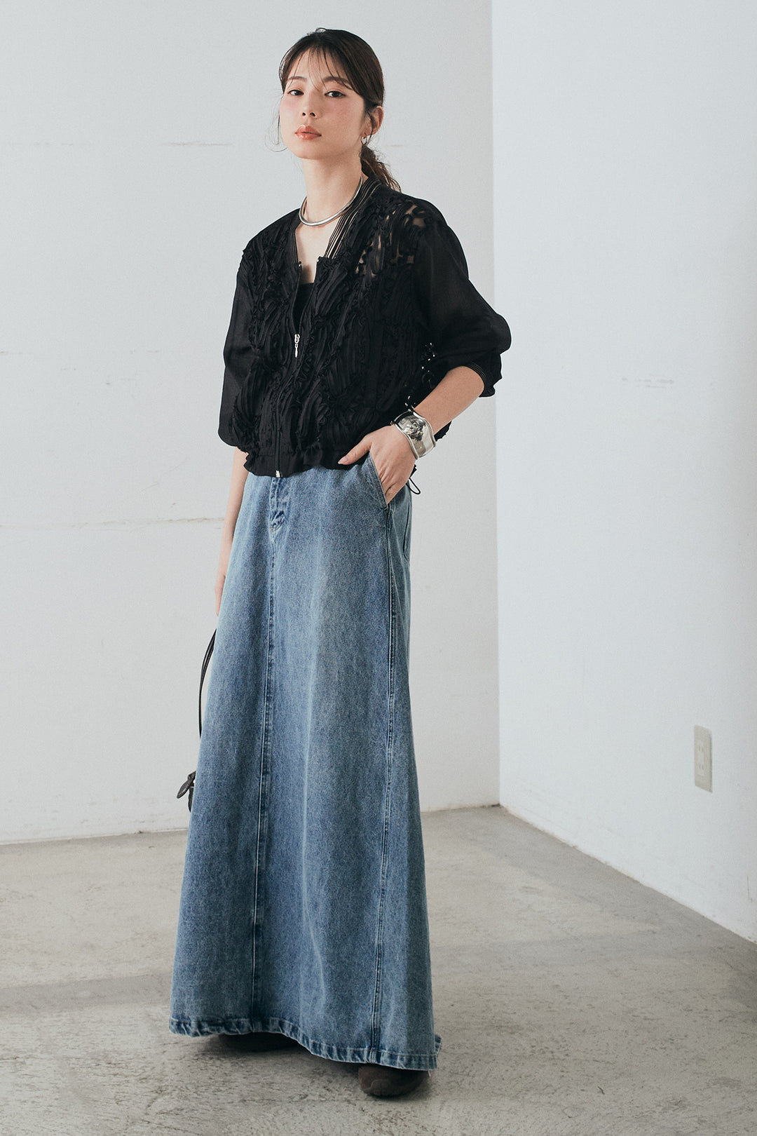 [SET]モチーフ付きシアーブルゾン+デニムロングフレアスカート(2set)