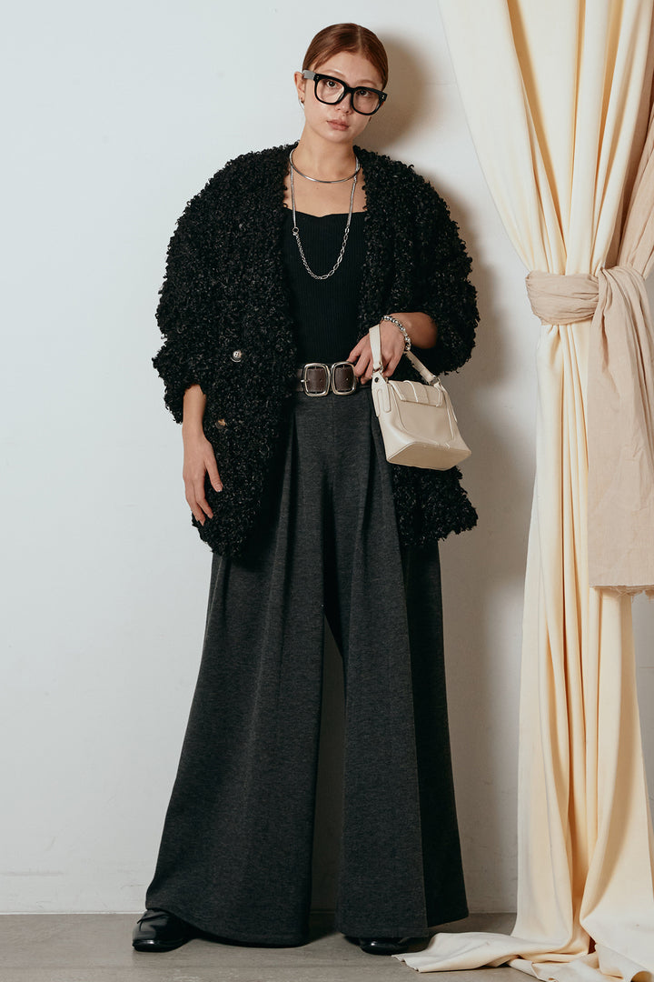 [SET]シープライクファージャケット+フェイクレザー太ベルト付きタックワイドパンツ(2set)