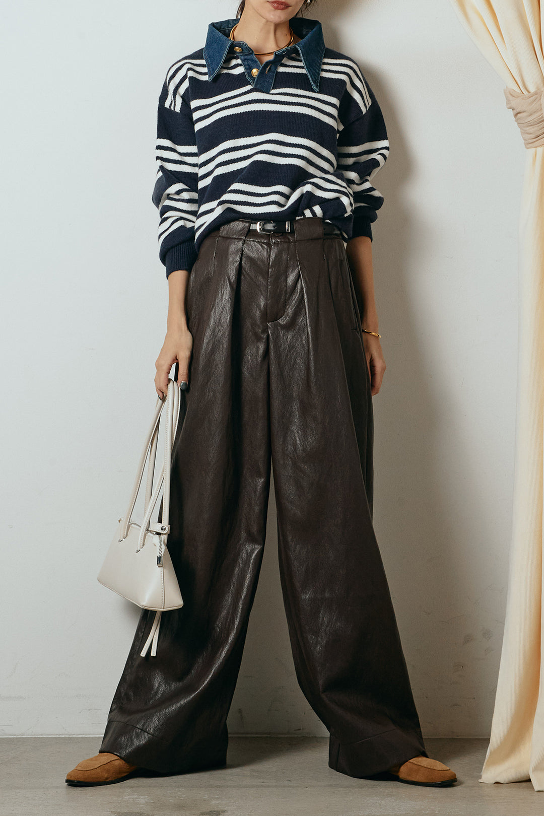 [SET]デニムレイヤード風ランダムボーダーニットプルオーバー+ベルト付きレザーライクタックパンツ(2set)