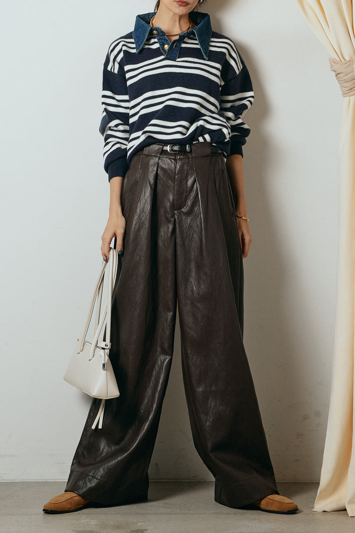 [SET]デニムレイヤード風ランダムボーダーニットプルオーバー+ベルト付きレザーライクタックパンツ(2set)