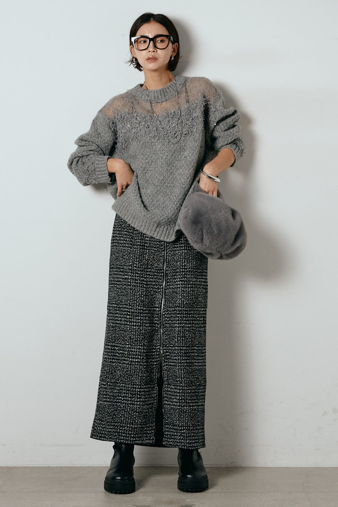 [SET]パターンランダム編みニットトップス+グレンチェック柄フロントジップタイトスカート(2set)