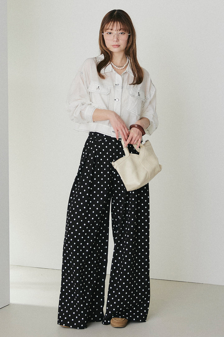 [SET]配色ステッチシアーシャツ+ベルト付きドット柄ワイドパンツ(2set)