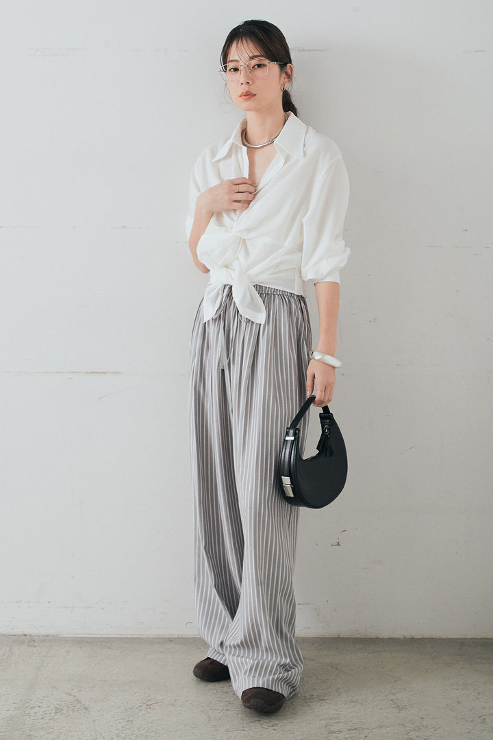 [SET]裾巻きツイストデザインシャツ+レーヨンストライプイージーワイドパンツ(2set)