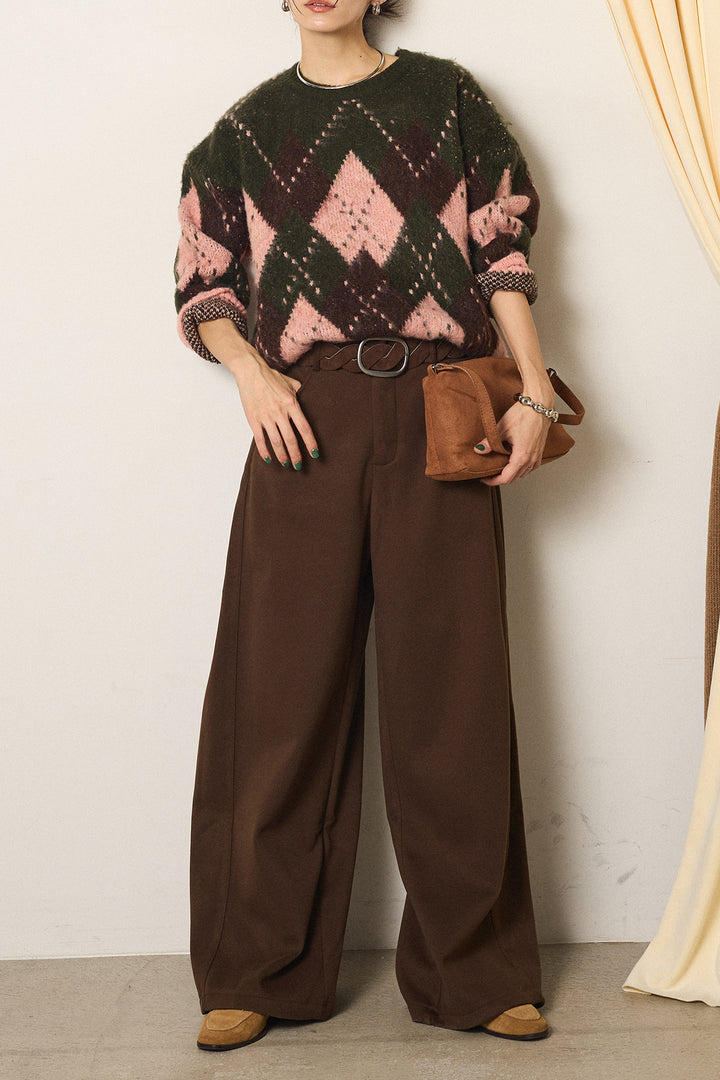 [SET]配色アーガイル柄ニットトップス+編みベルト付きワイドパンツ(2set)