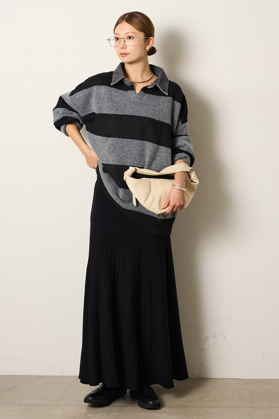 [SET]デニムカラーボーダールーズニット+編み地切り替えフレアニットスカート(2set)