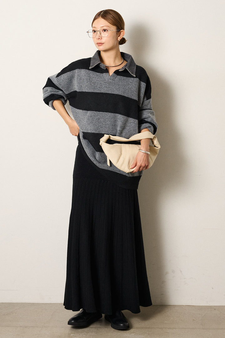 [SET]デニムカラーボーダールーズニット+編み地切り替えフレアニットスカート(2set)