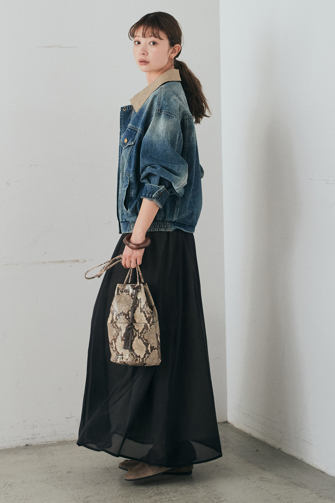 [SET]襟切り替えジップデニムジャケット+リラックスシアーフレアスカート(2set)