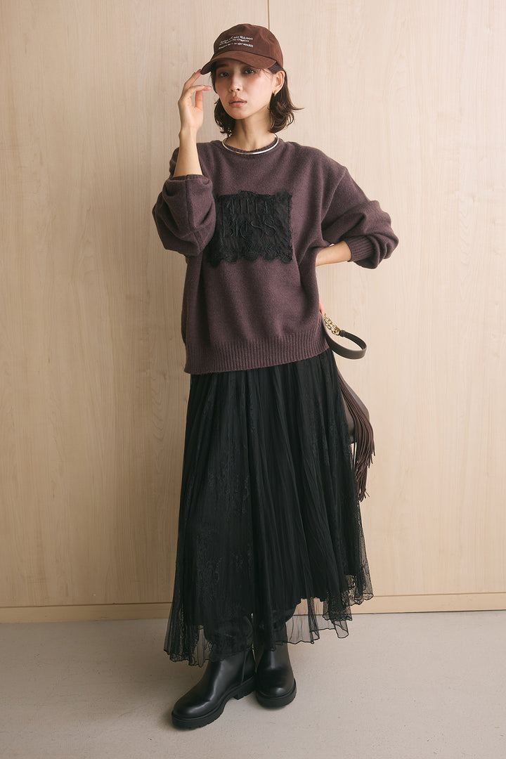 [SET]アルパカタッチ刺繍ロゴプルオーバー+エアリーシアーレースコンビスカート(2set)