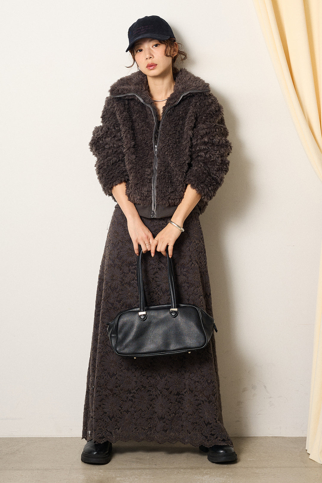 [SET]スタンドカラー裾リブボアブルゾン+花柄刺繍ベロアフレアスカート(2set)