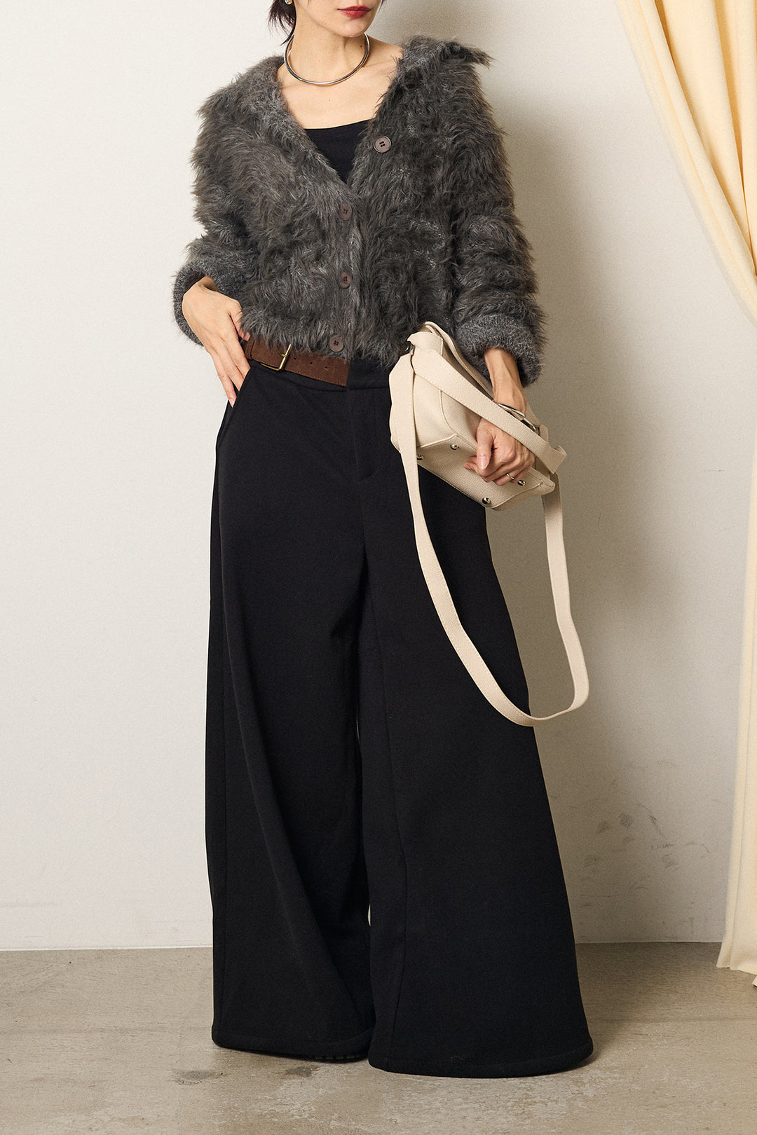 [SET]襟付きシャギーニットカーディガン+サイドベルトパンツ(2set)