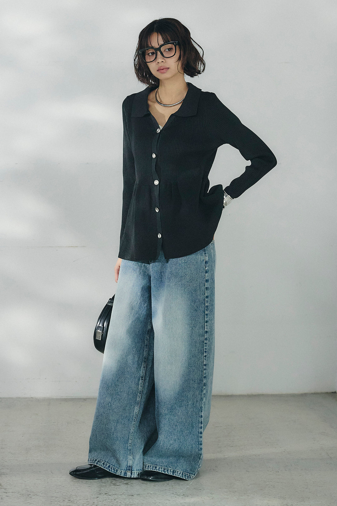 [SET]スキッパーペプラムニット+ウエスト裁ち切りデニムワイドパンツ(2set)