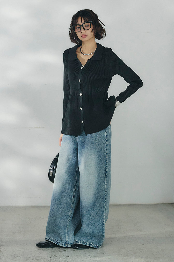 [SET]スキッパーペプラムニット+ウエスト裁ち切りデニムワイドパンツ(2set)