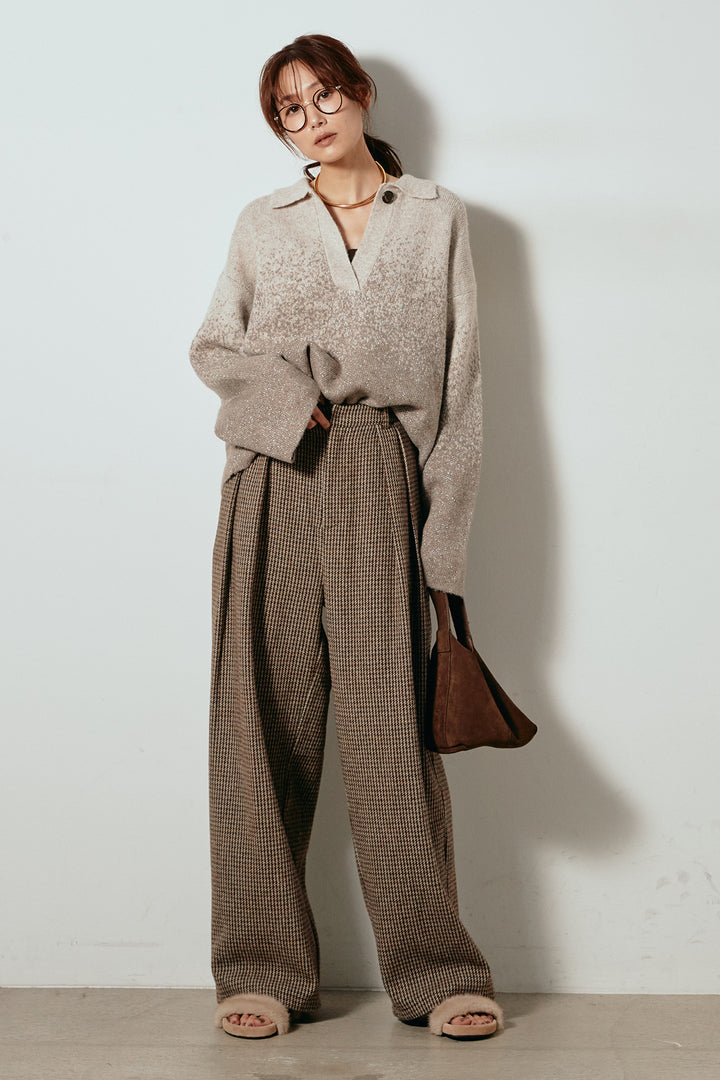 [SET]グラデーションラメニットキーネックプルオーバー+ガンクラブチェックタックパンツ(2set)