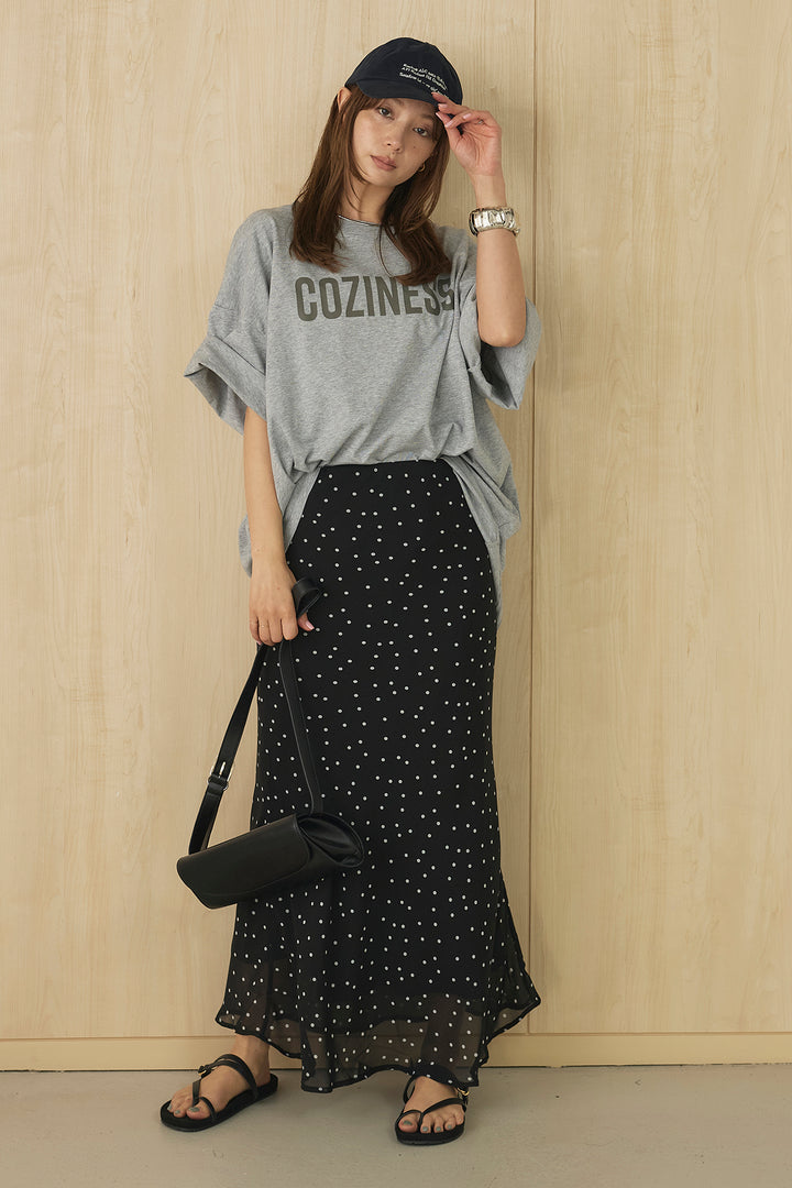 [SET]プリントロゴチュニックTシャツ+ドットサテンナロースカート(2set)