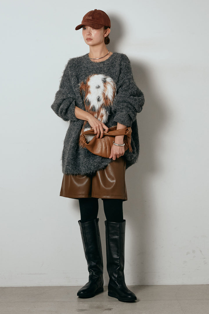 [SET]シャギーニュアンスアニマルニット+ストレッチエコレザーバミューダパンツ(2set)