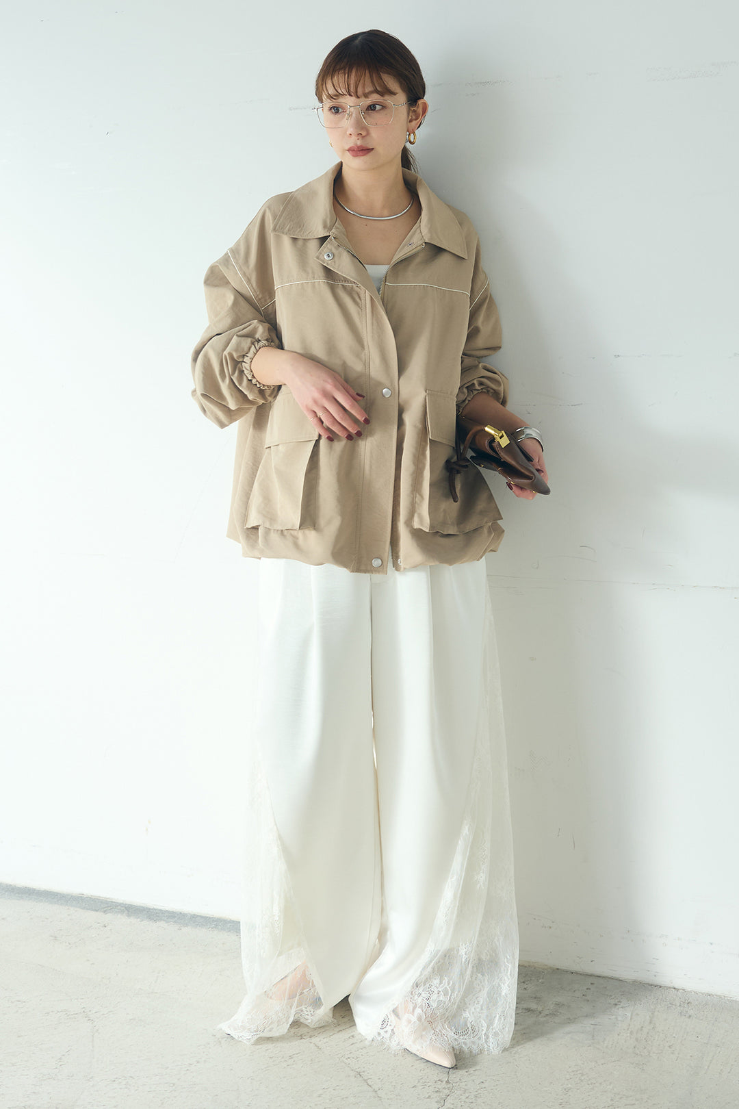 [SET]合繊ツイルバルーンジャケット+サテンレース切り替えタックパンツ(2set)