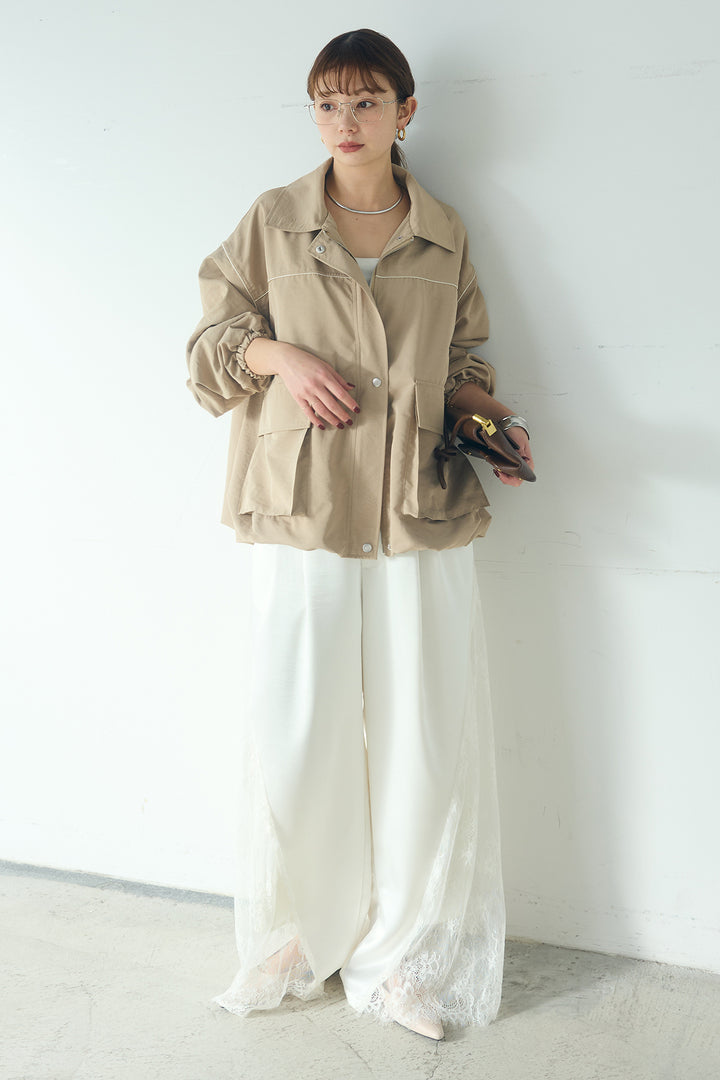 [SET]合繊ツイルバルーンジャケット+サテンレース切り替えタックパンツ(2set)