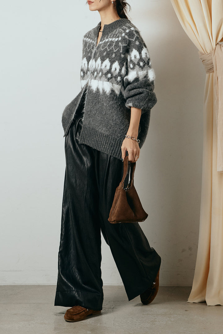 [SET]起毛ダブルジップパターンニットカーディガン+ベルト付きレザーライクタックパンツ(2set)