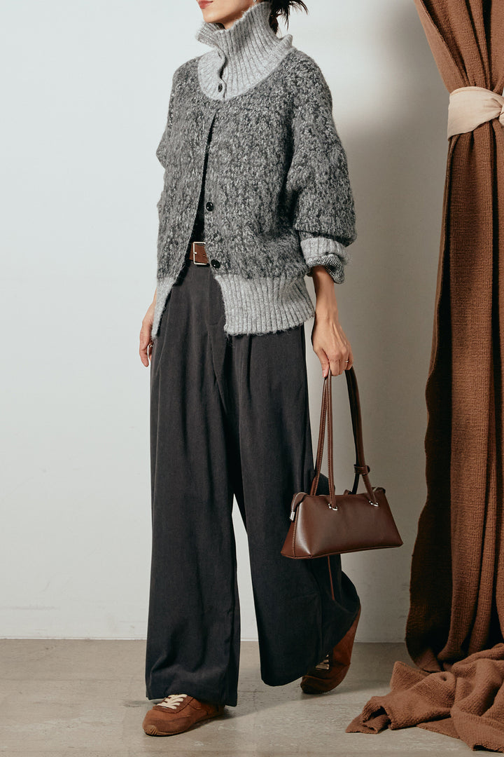 [SET]ハイネックミックスニットトップス+太ベルト付きコーデュロイタックパンツ(2set)