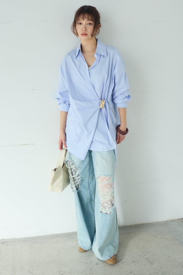 [SET]サイド留め具デザインシャツ+デニムレース付きワイドパンツ(2set)