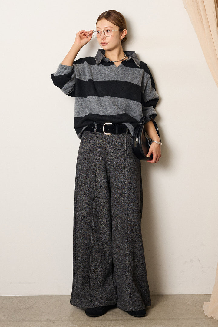 [SET]デニムカラーボーダールーズニット+太ベルト付きツイードワイドパンツ(2set)