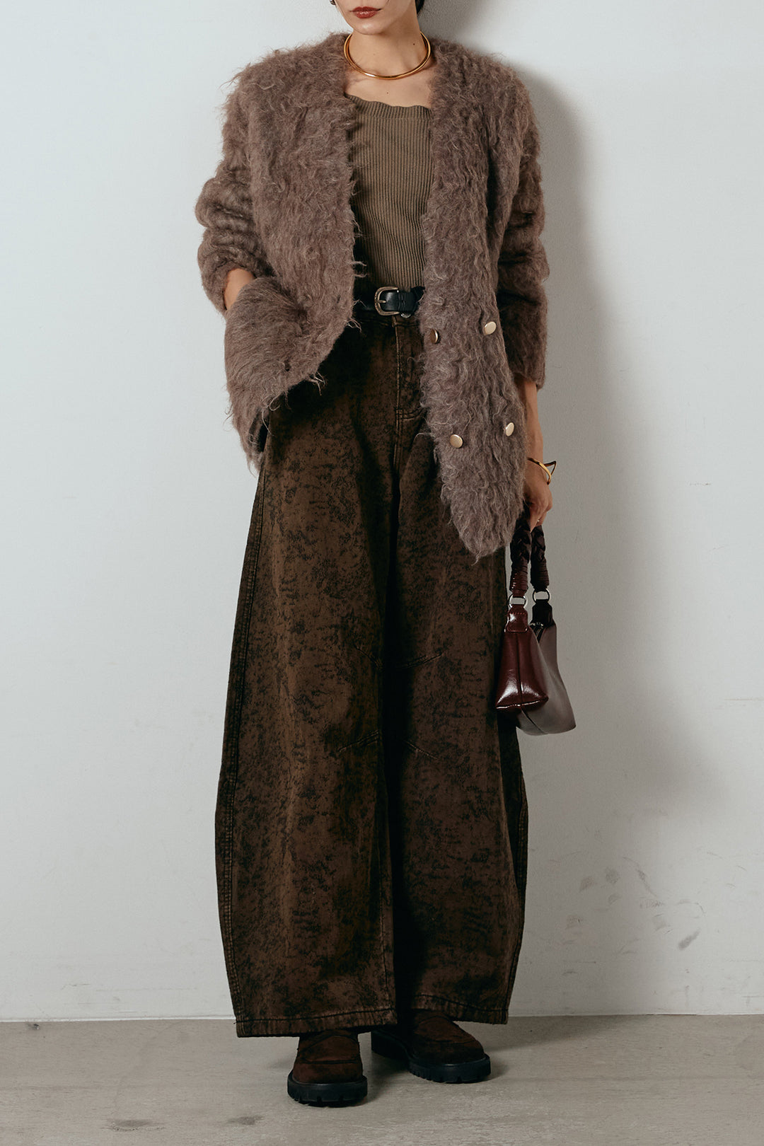 [SET]ウェーブシャギーニットジャケット+ベルト付きニュアンス柄カーブワイドパンツ(2set)