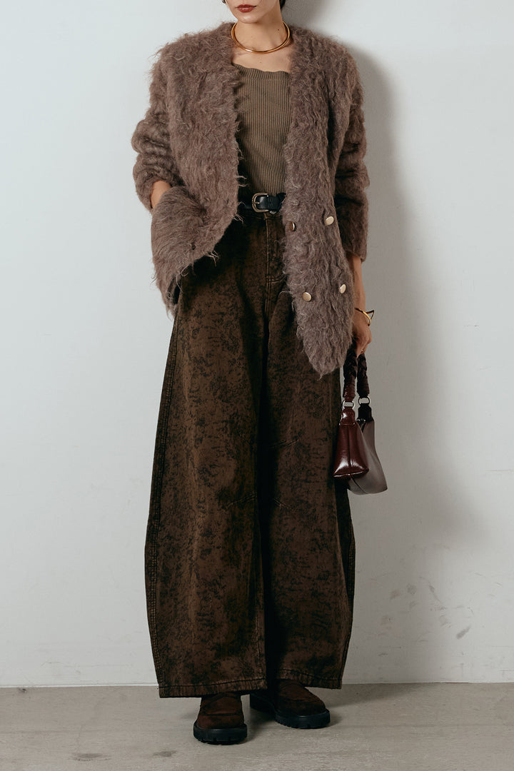 [SET]ウェーブシャギーニットジャケット+ベルト付きニュアンス柄カーブワイドパンツ(2set)